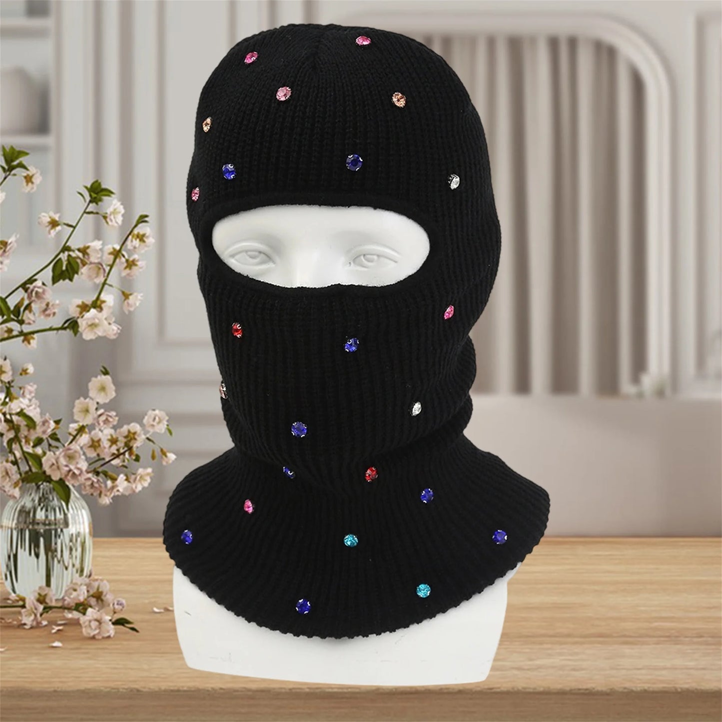 NONECN Winter Crystal Embellished Cozy Fleece Lined Balaclava