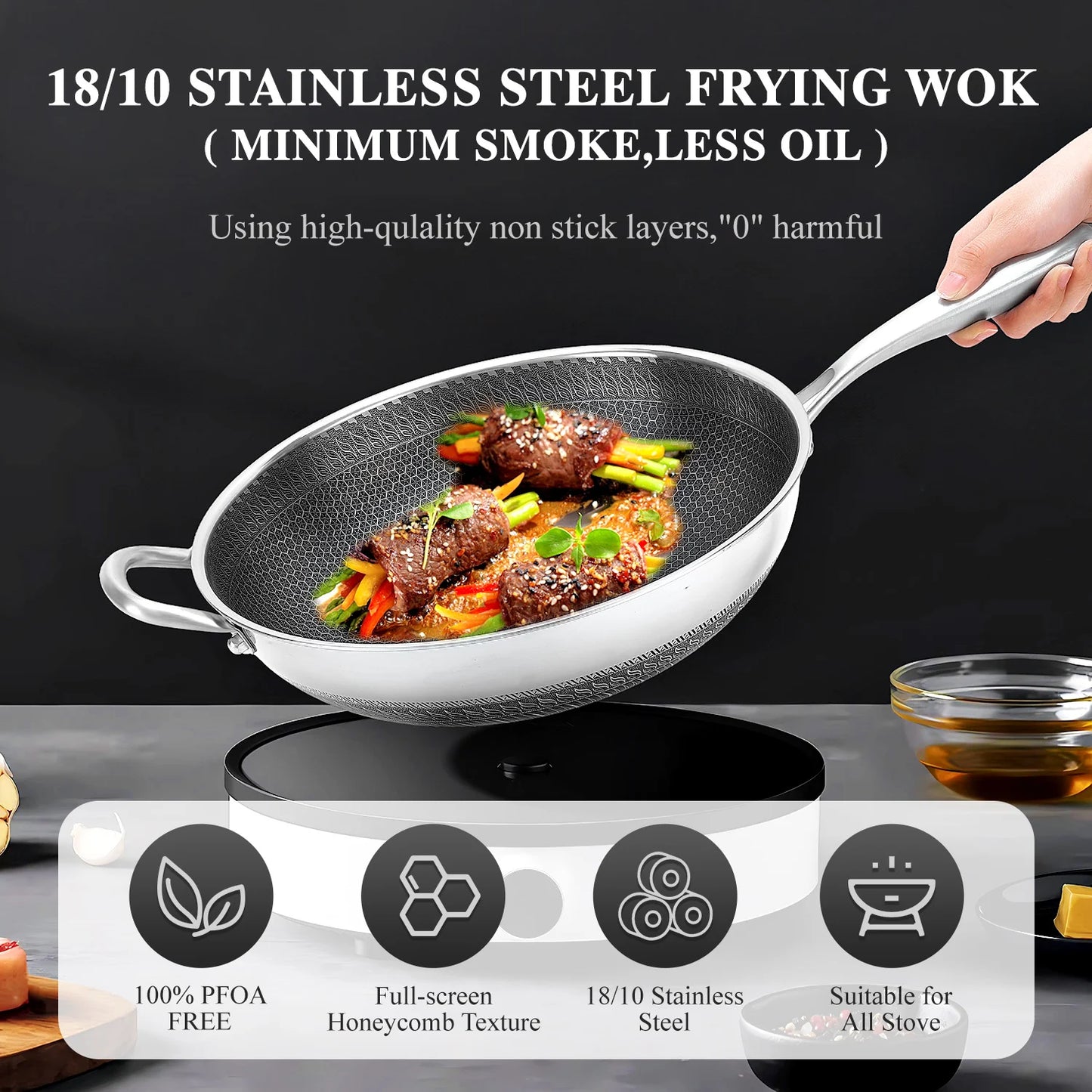 Hybrid Nonstick Wok Pan With Lid PFOA Free Stainless Steel