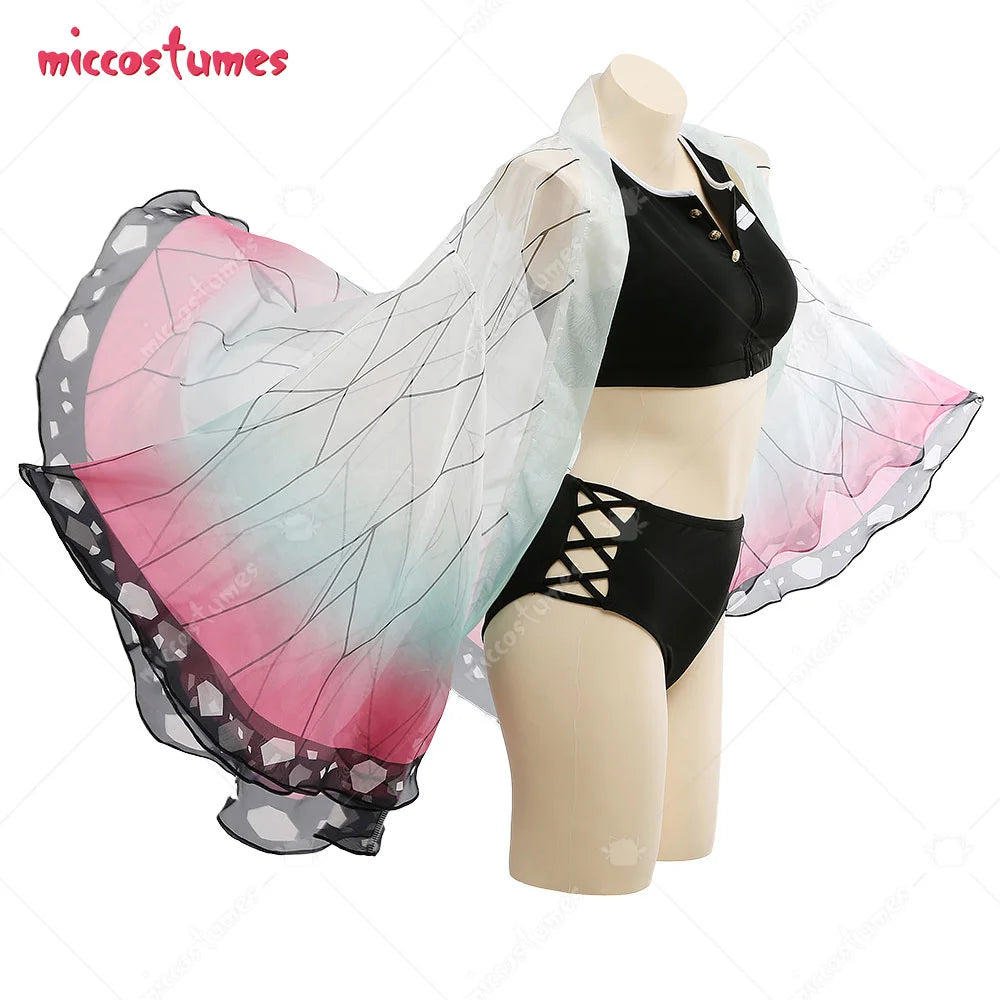 Women Two Piece Butterfly Print Kimono Haori Cover Up Swimsuit