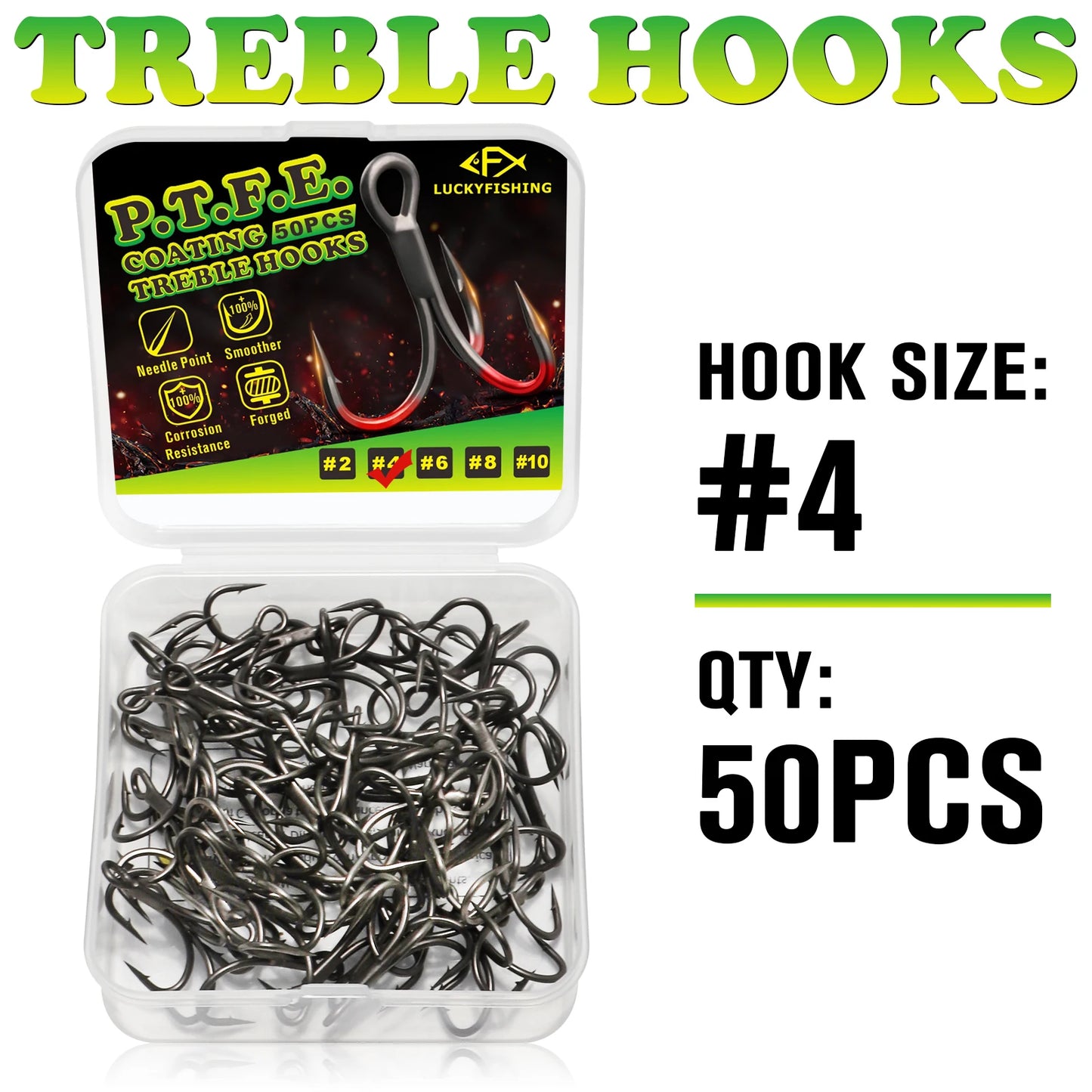 DOVESUN Treble Hooks PTFE Coating 50pcs Saltwater Freshwater