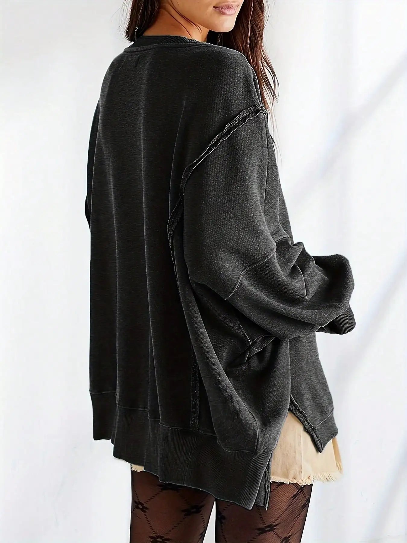Women Long Sleeve Casual Top Striped Crew Neck Loose Fit Pullover Side Slits Polyester