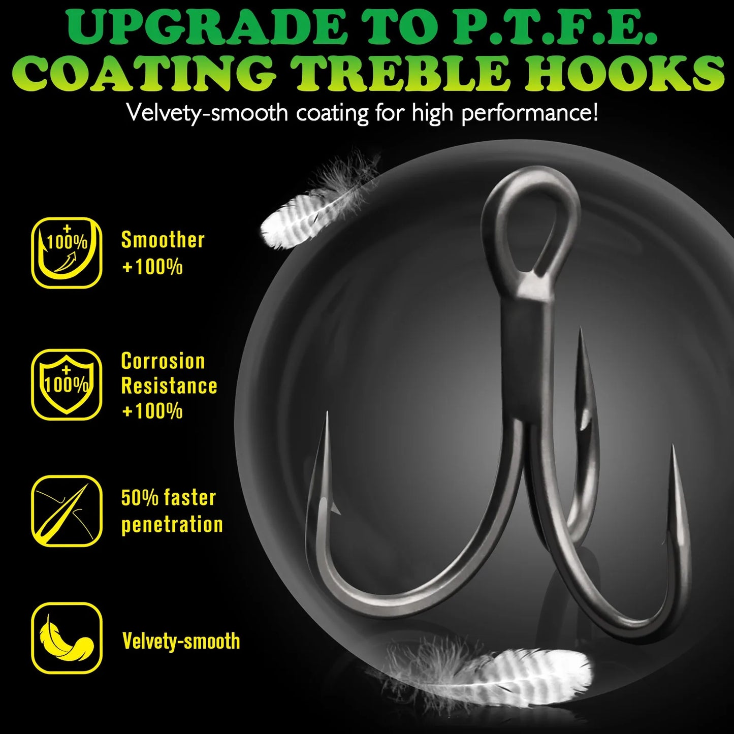 DOVESUN Treble Hooks PTFE Coating 50pcs Saltwater Freshwater