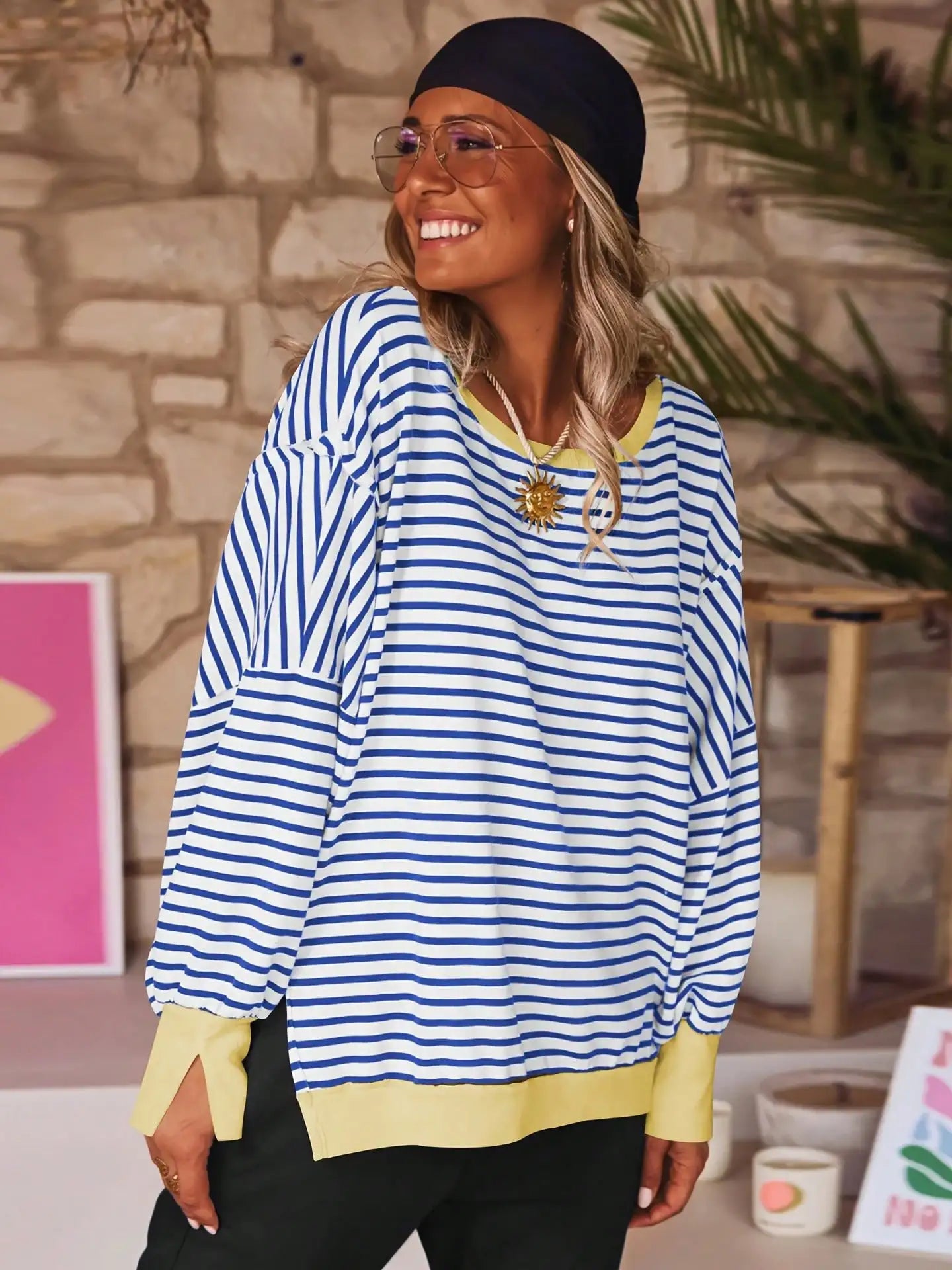 Women Long Sleeve Casual Top Striped Crew Neck Loose Fit Pullover Side Slits Polyester