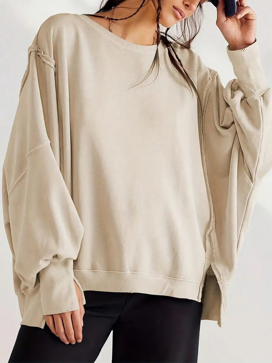 Women Long Sleeve Casual Top Striped Crew Neck Loose Fit Pullover Side Slits Polyester