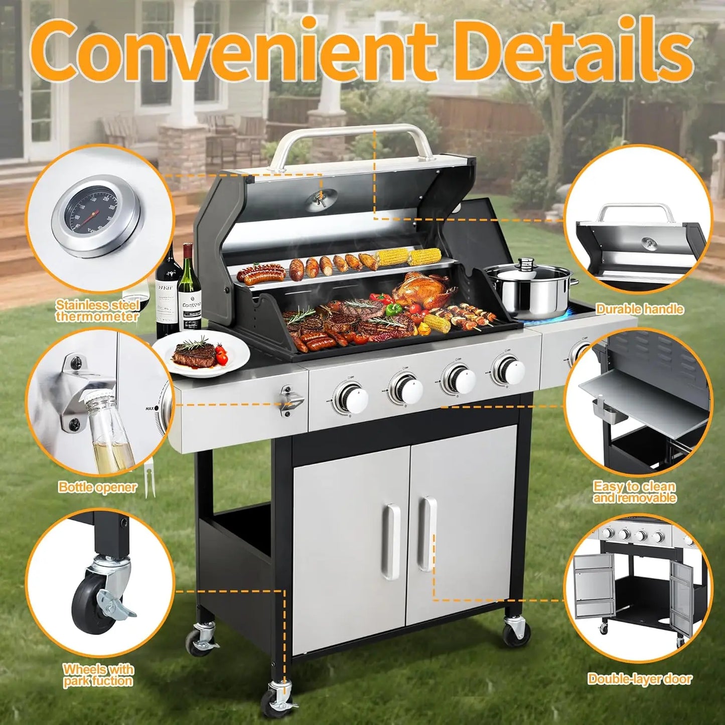 4 Burner Propane Gas BBQ Grill With Side Burner 46890 BTU Stainless Steel