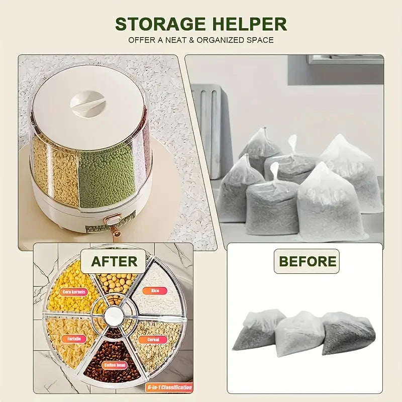 Cereal Dispenser Rotating 6 Compartment Plastic Dry Food Dispenser Kitchen