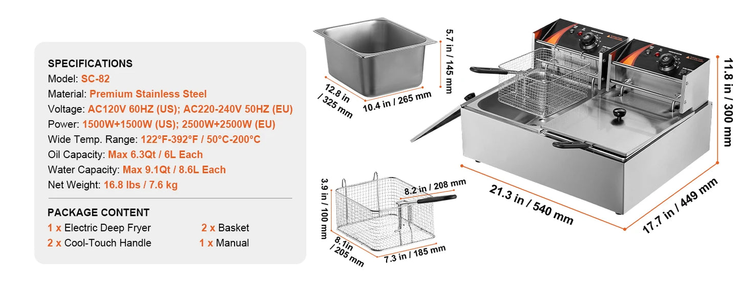 SucceBuy Electric Deep Fryer With Dual Removable Tanks For Commercial Countertop