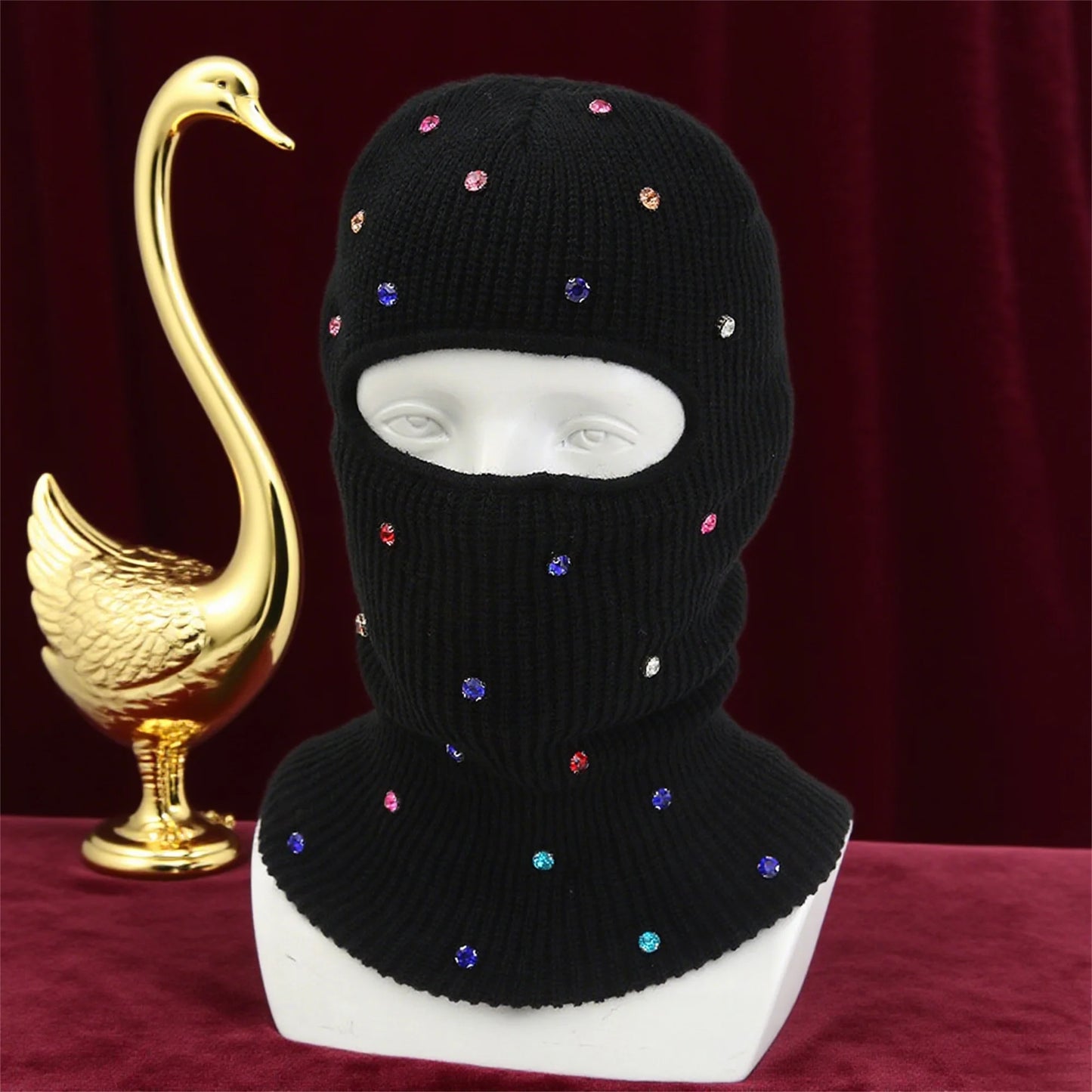 NONECN Winter Crystal Embellished Cozy Fleece Lined Balaclava
