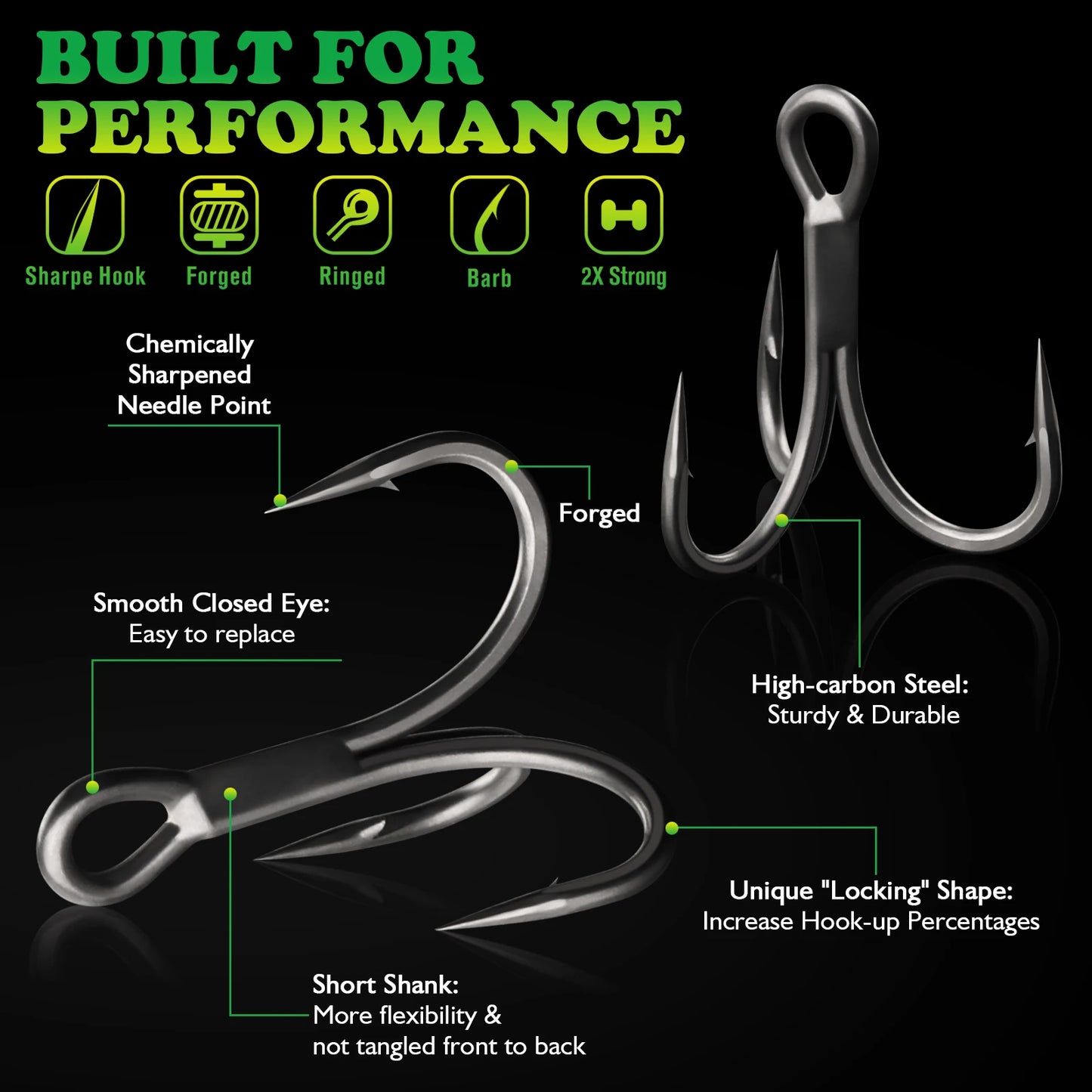 DOVESUN Treble Hooks PTFE Coating 50pcs Saltwater Freshwater