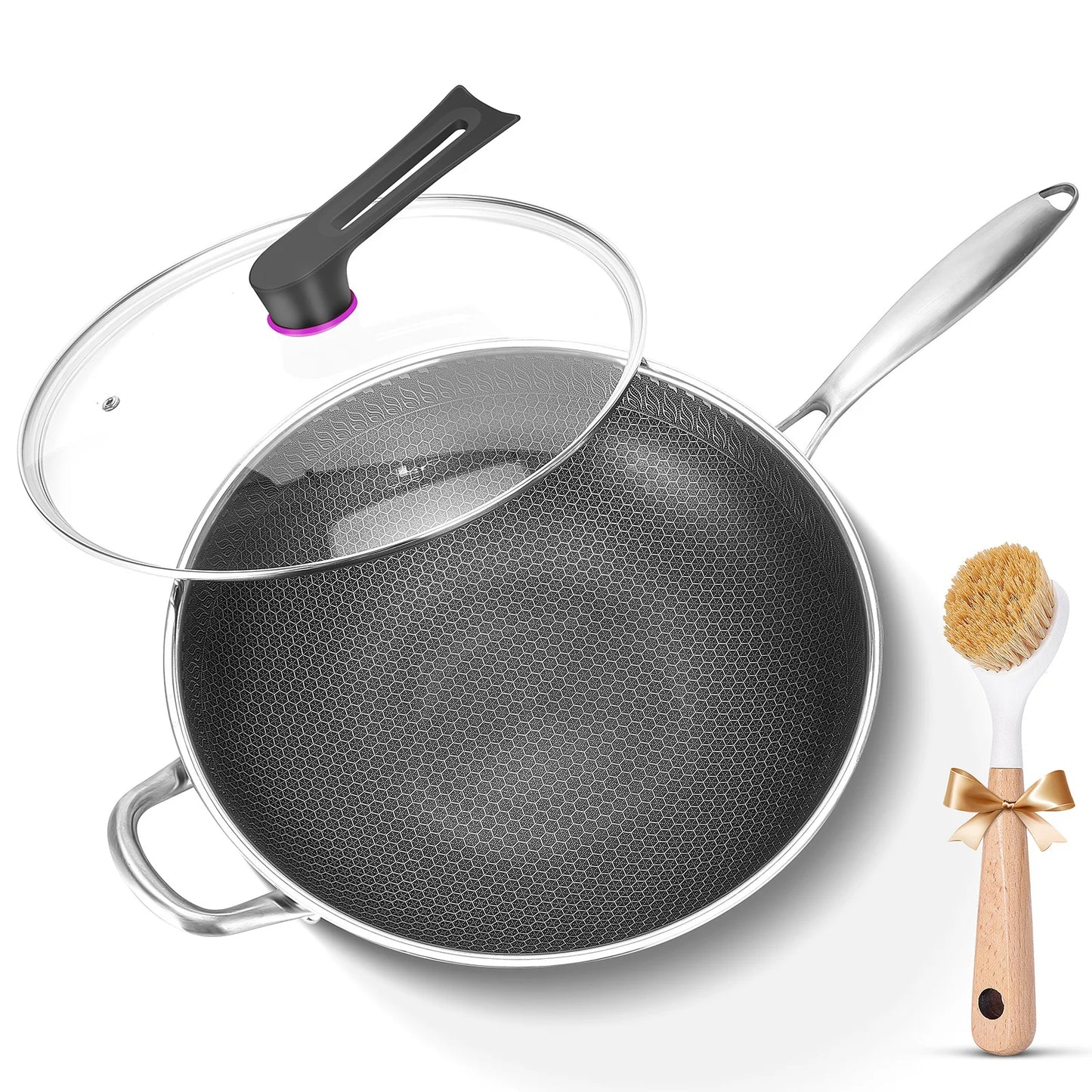 Hybrid Nonstick Wok Pan With Lid PFOA Free Stainless Steel