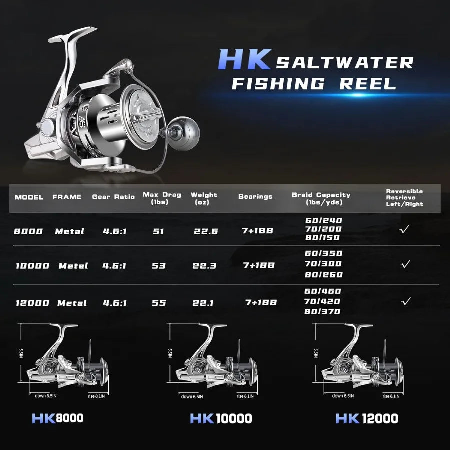 Spinning Reel 8000 10000 12000 Surf Fishing Aluminum Frame Drag