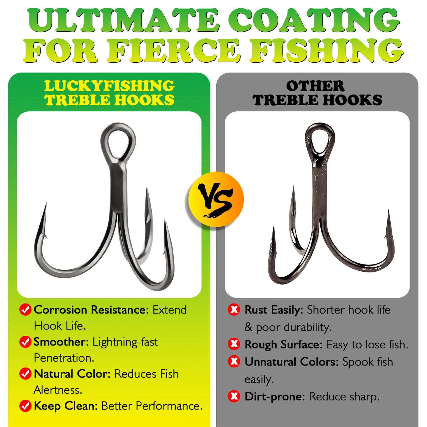 DOVESUN Treble Hooks PTFE Coating 50pcs Saltwater Freshwater