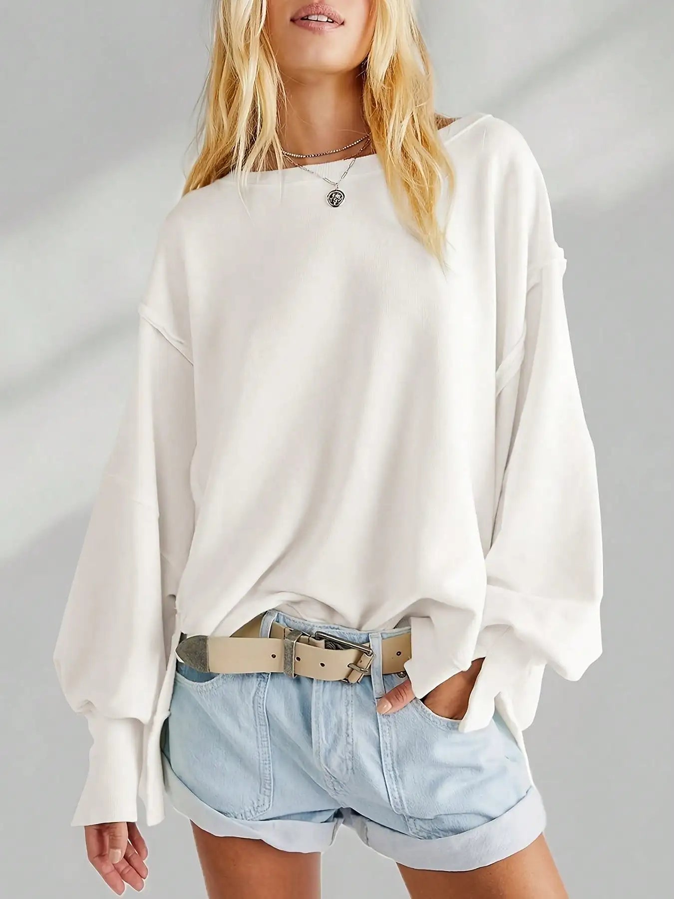 Women Long Sleeve Casual Top Striped Crew Neck Loose Fit Pullover Side Slits Polyester
