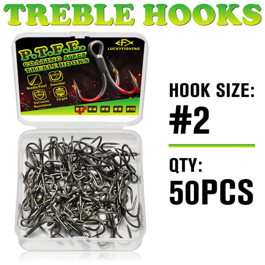 DOVESUN Treble Hooks PTFE Coating 50pcs Saltwater Freshwater